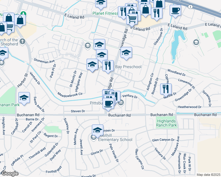 map of restaurants, bars, coffee shops, grocery stores, and more near 3057 Peppermill Circle in Pittsburg