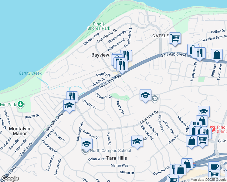 map of restaurants, bars, coffee shops, grocery stores, and more near 703 Waterford Place in Pinole