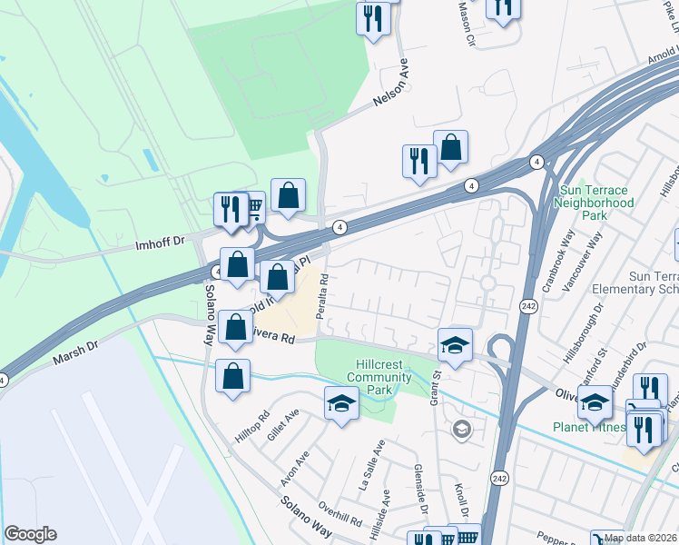 map of restaurants, bars, coffee shops, grocery stores, and more near 1027 Peralta Road in Concord