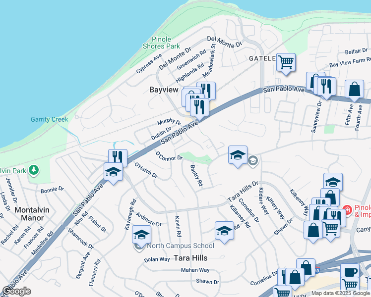 map of restaurants, bars, coffee shops, grocery stores, and more near 703 Waterford Place in Pinole