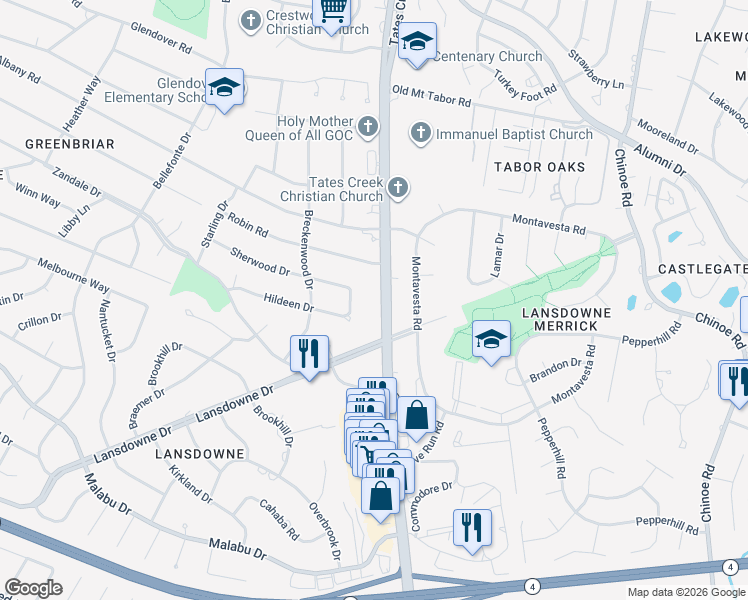 map of restaurants, bars, coffee shops, grocery stores, and more near 3217 Tates Creek Road in Lexington
