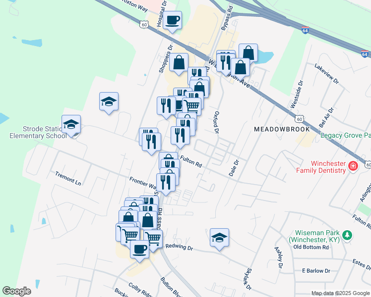 map of restaurants, bars, coffee shops, grocery stores, and more near 920 Bypass Road in Winchester