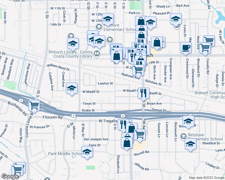 map of restaurants, bars, coffee shops, grocery stores, and more near 306 West Madill Street in Antioch