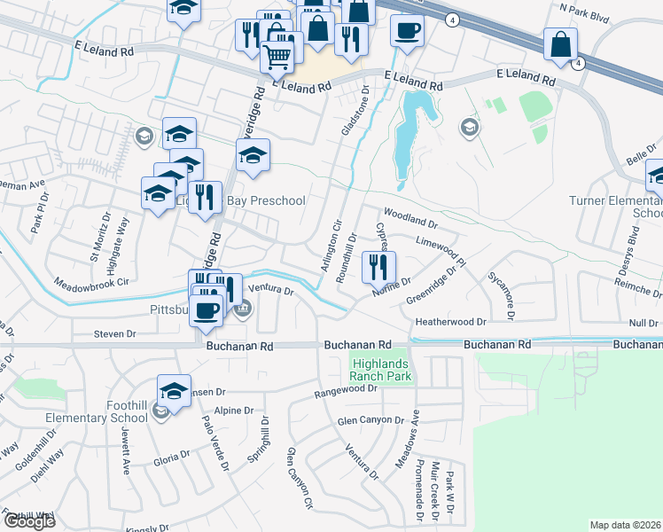 map of restaurants, bars, coffee shops, grocery stores, and more near 3767 Arlington Circle in Pittsburg