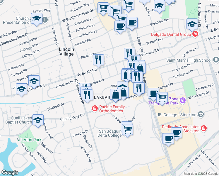 map of restaurants, bars, coffee shops, grocery stores, and more near 1150 Stratford Circle in Stockton