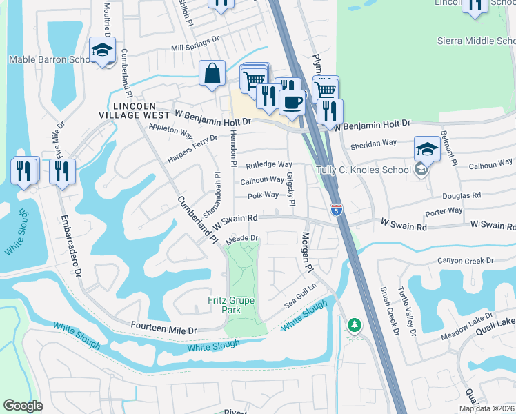 map of restaurants, bars, coffee shops, grocery stores, and more near 3157 West Swain Road in Stockton