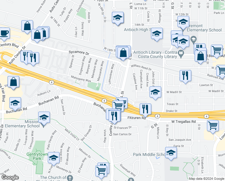 map of restaurants, bars, coffee shops, grocery stores, and more near 2404 Peppertree Court in Antioch