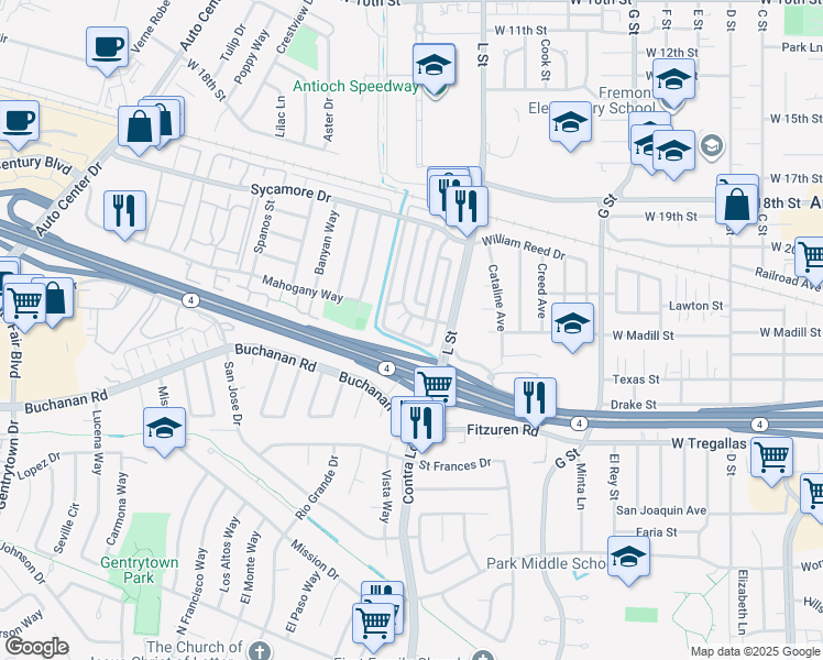 map of restaurants, bars, coffee shops, grocery stores, and more near 2404 Peppertree Court in Antioch