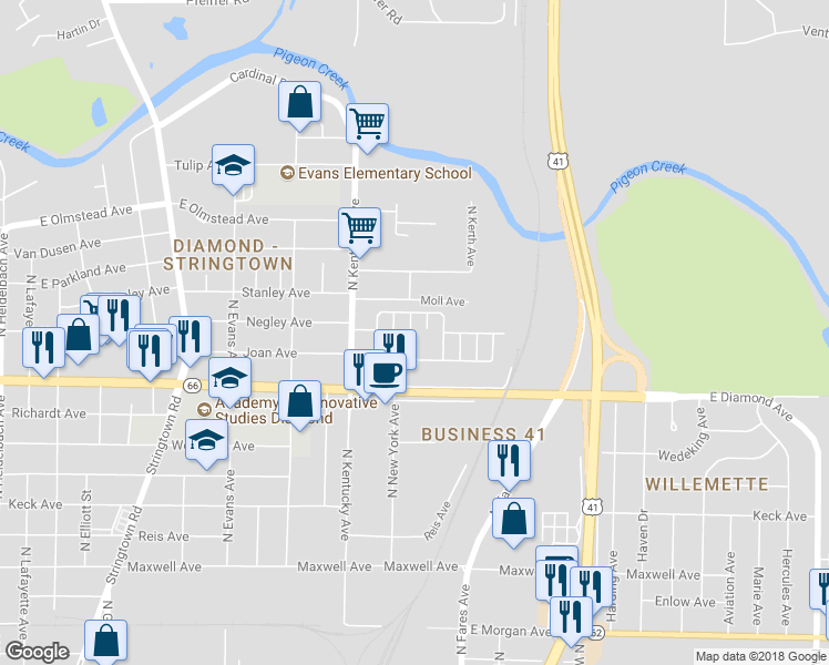 map of restaurants, bars, coffee shops, grocery stores, and more near 2423 Negley Place in Evansville
