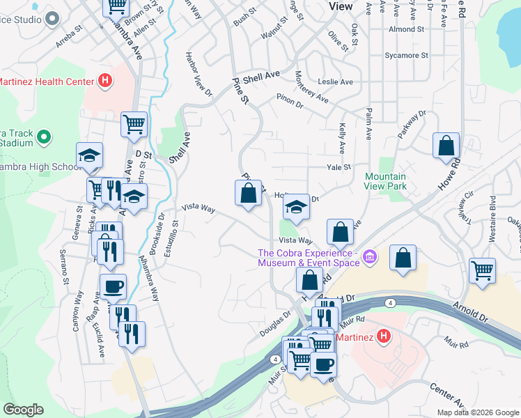map of restaurants, bars, coffee shops, grocery stores, and more near 3102 Pine Street in Martinez