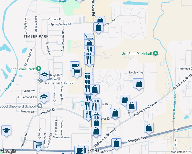 map of restaurants, bars, coffee shops, grocery stores, and more near 2624 North Cross Creek Drive in Evansville