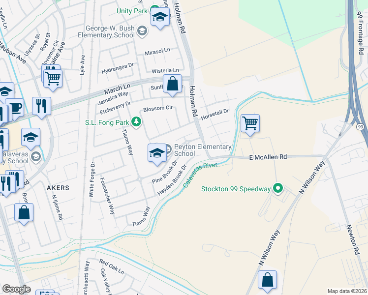map of restaurants, bars, coffee shops, grocery stores, and more near 2753 Pine Brook Drive in Stockton