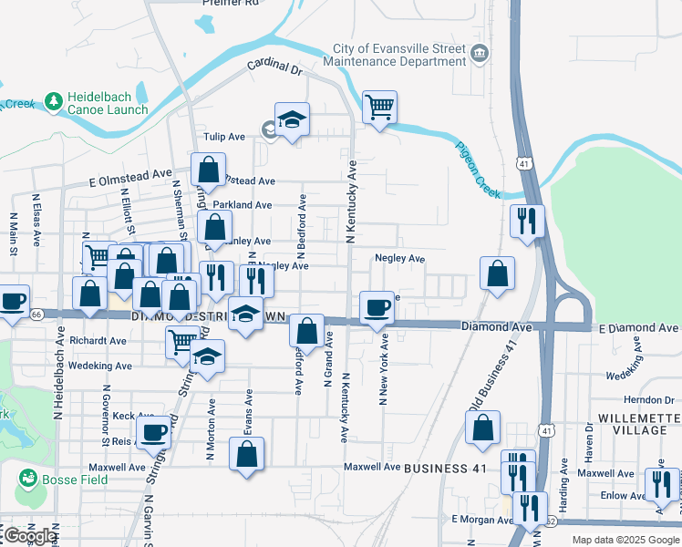 map of restaurants, bars, coffee shops, grocery stores, and more near 2466 North Kentucky Avenue in Evansville