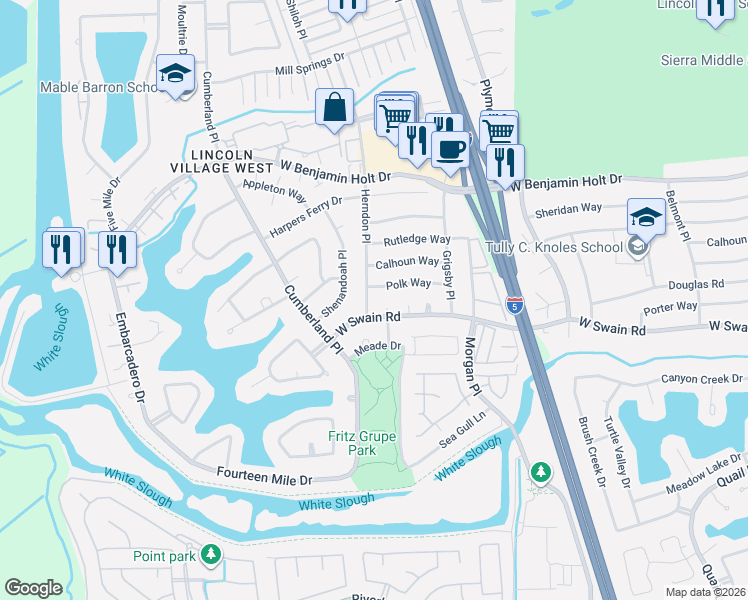 map of restaurants, bars, coffee shops, grocery stores, and more near 6128 Herndon Place in Stockton