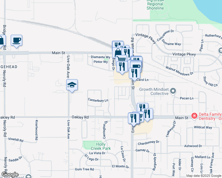 map of restaurants, bars, coffee shops, grocery stores, and more near 115 Montevino Court in Oakley