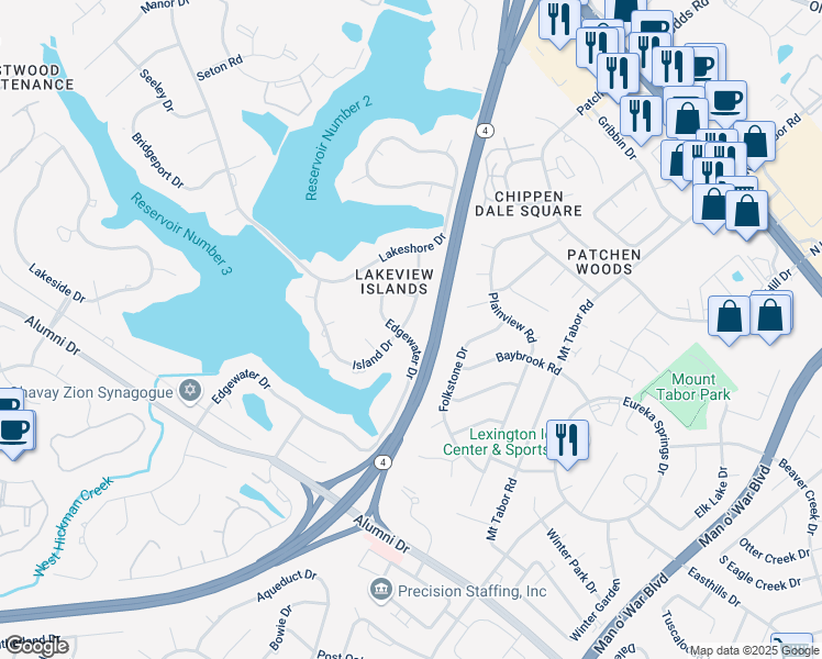 map of restaurants, bars, coffee shops, grocery stores, and more near 2188 Island Drive in Lexington