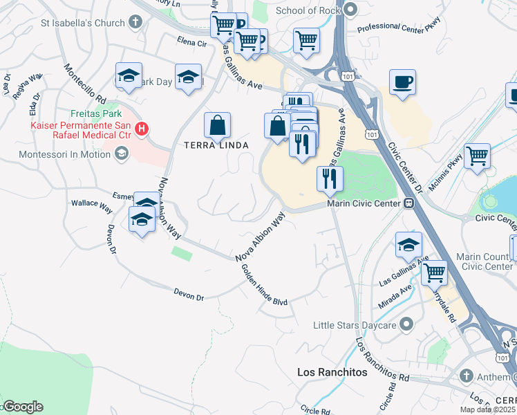 map of restaurants, bars, coffee shops, grocery stores, and more near 136 La Perdiz Court in San Rafael