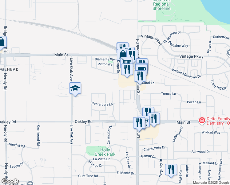 map of restaurants, bars, coffee shops, grocery stores, and more near 115 Montevino Court in Oakley