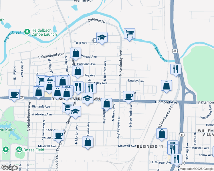 map of restaurants, bars, coffee shops, grocery stores, and more near 2467 North Bedford Avenue in Evansville