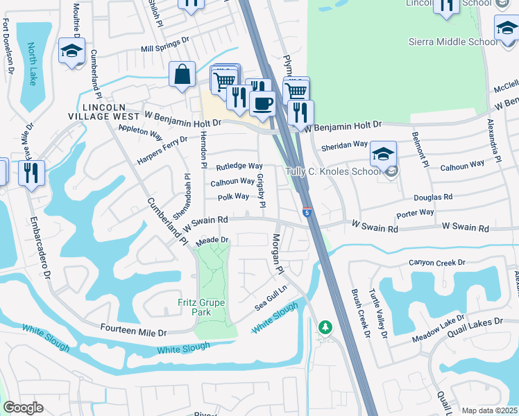 map of restaurants, bars, coffee shops, grocery stores, and more near 6119 Grigsby Place in Stockton