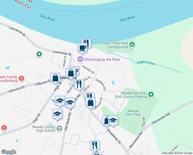 map of restaurants, bars, coffee shops, grocery stores, and more near 319 Oaklawn Road in Brandenburg