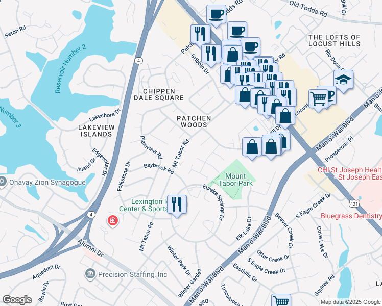 map of restaurants, bars, coffee shops, grocery stores, and more near 2813 Kasey Court in Lexington