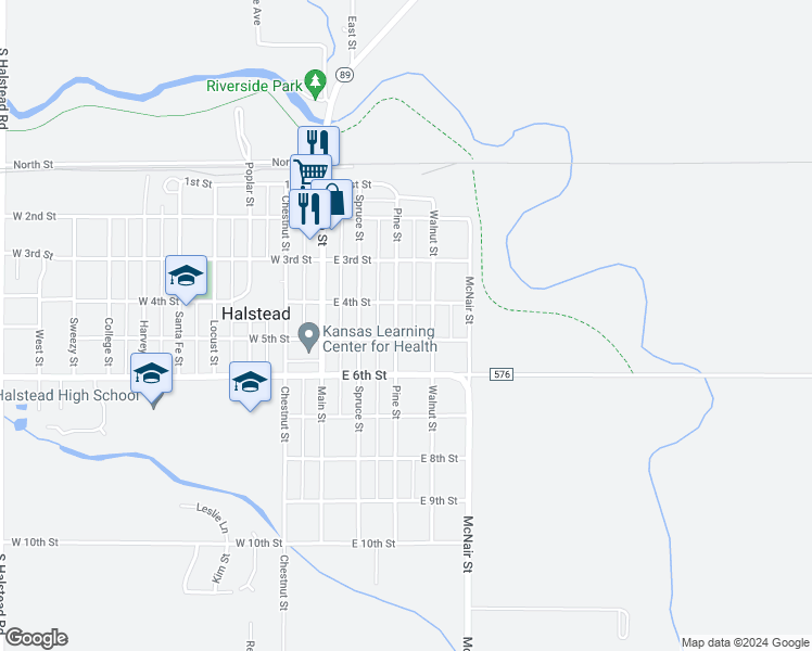 map of restaurants, bars, coffee shops, grocery stores, and more near 418 Pine Street in Halstead