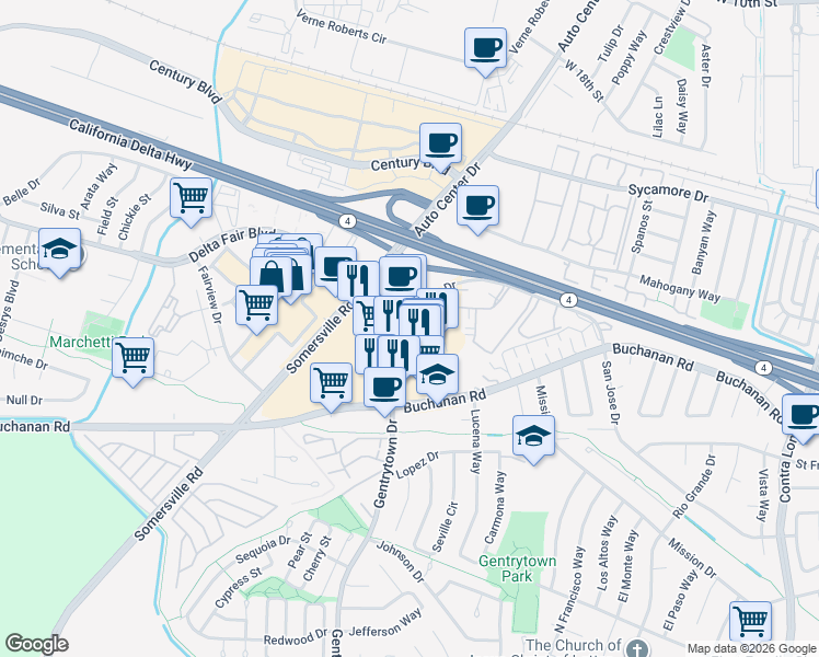 map of restaurants, bars, coffee shops, grocery stores, and more near 2533 San Jose Drive in Antioch