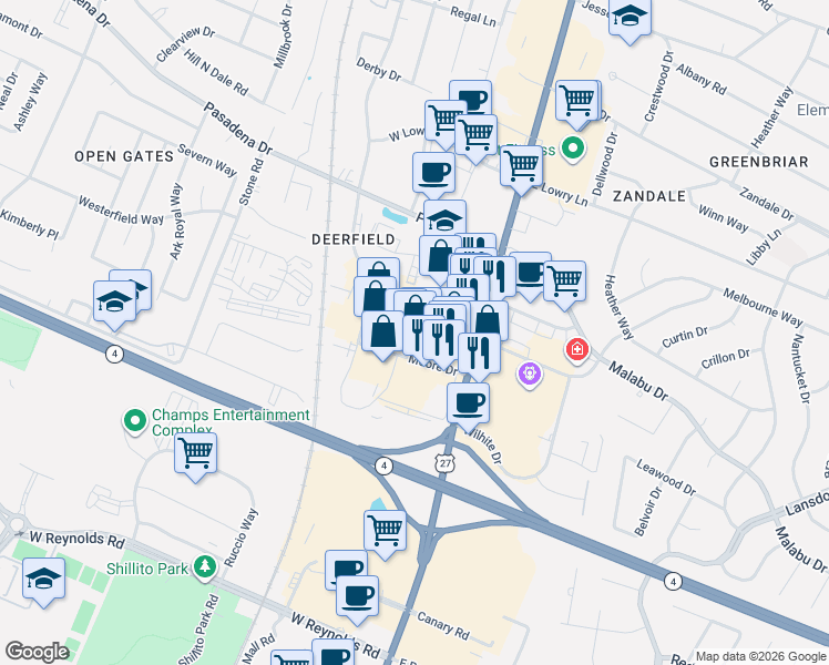 map of restaurants, bars, coffee shops, grocery stores, and more near 140 Regency Point Path in Lexington