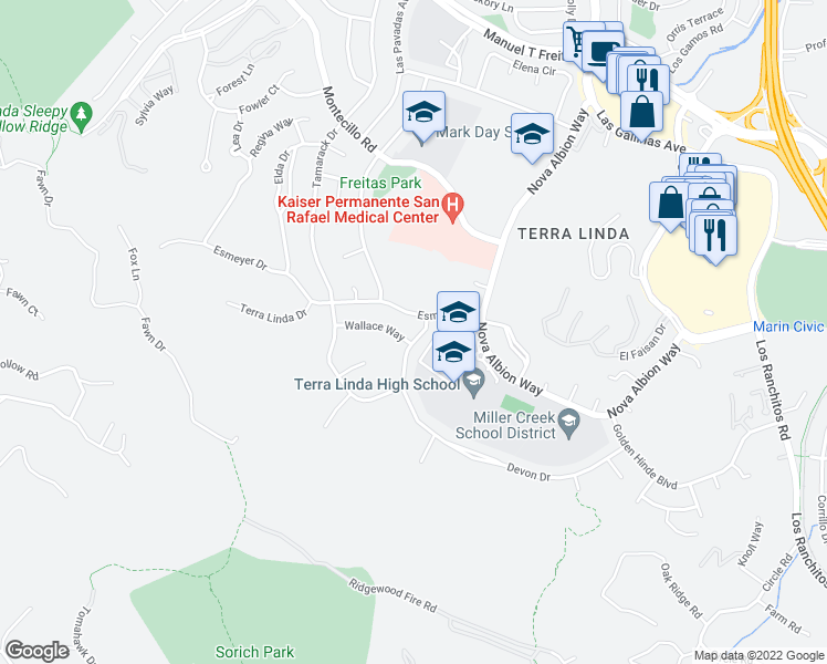 map of restaurants, bars, coffee shops, grocery stores, and more near 190 Devon Drive in San Rafael