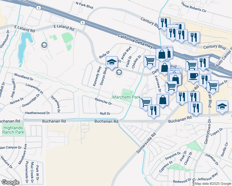 map of restaurants, bars, coffee shops, grocery stores, and more near 5205 Belle Drive in Antioch