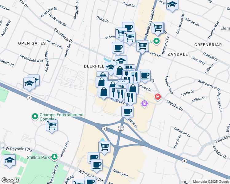 map of restaurants, bars, coffee shops, grocery stores, and more near 140 Regency Point Path in Lexington