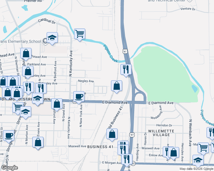 map of restaurants, bars, coffee shops, grocery stores, and more near 1242 Negley Avenue in Evansville