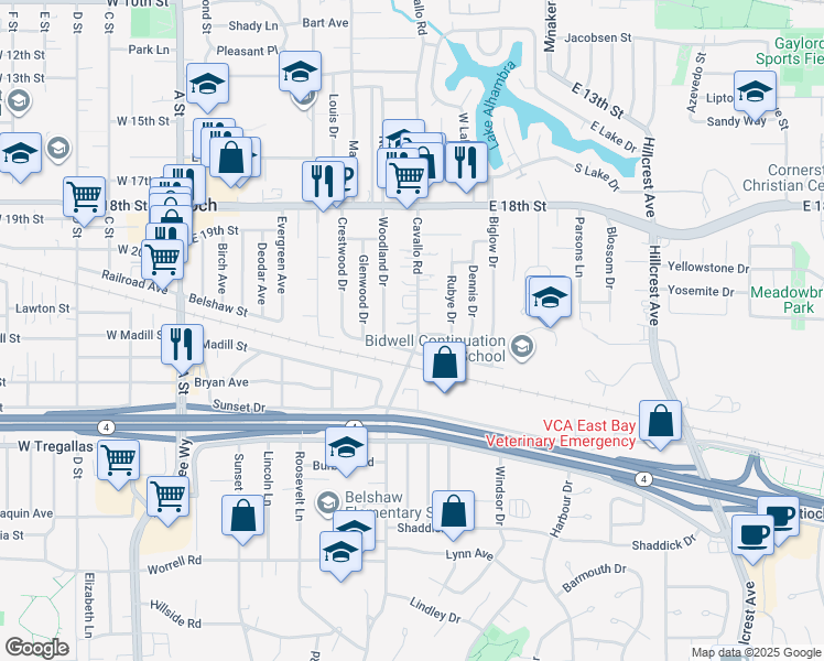 map of restaurants, bars, coffee shops, grocery stores, and more near 2018 Cavallo Road in Antioch