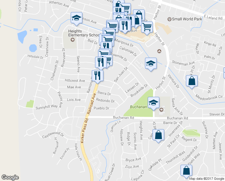 map of restaurants, bars, coffee shops, grocery stores, and more near 3971 San Juan Drive in Pittsburg