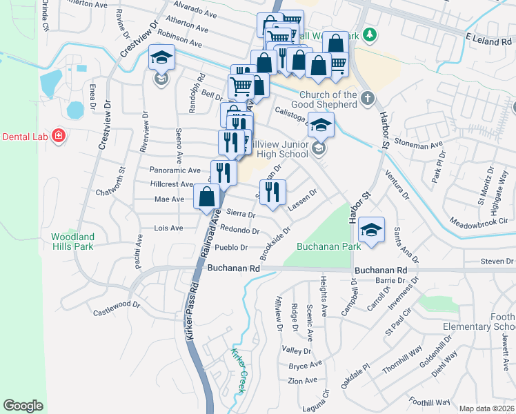 map of restaurants, bars, coffee shops, grocery stores, and more near 3971 San Juan Drive in Pittsburg