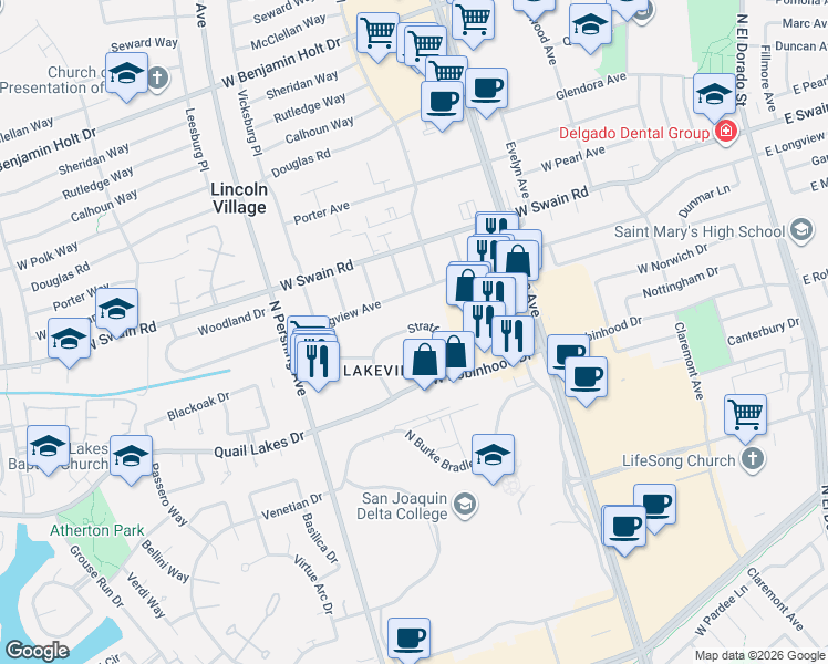 map of restaurants, bars, coffee shops, grocery stores, and more near 1118 Stratford Circle in Stockton
