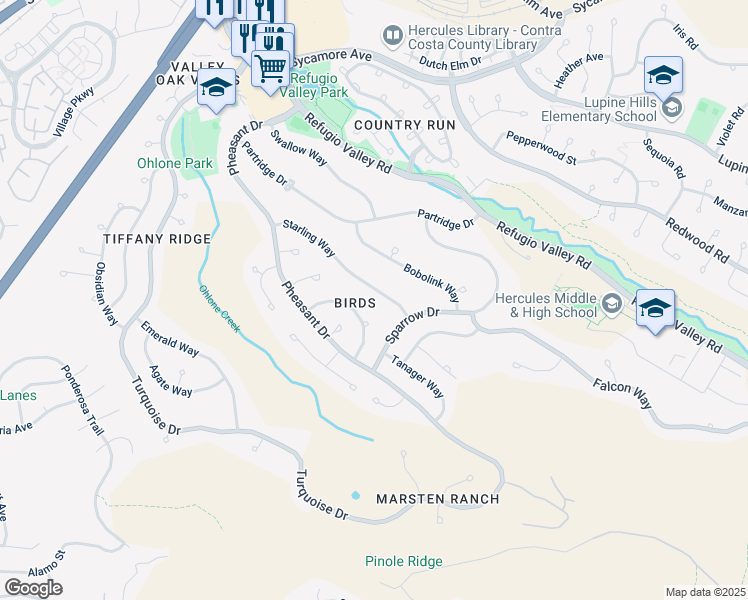 map of restaurants, bars, coffee shops, grocery stores, and more near 163 Cardinal Way in Hercules