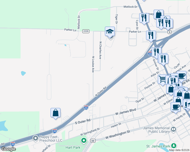 map of restaurants, bars, coffee shops, grocery stores, and more near 414 North Louise Avenue in Saint James