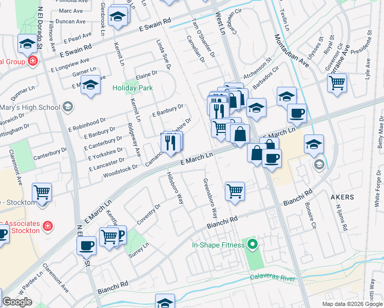 map of restaurants, bars, coffee shops, grocery stores, and more near 833 East March Lane in Stockton