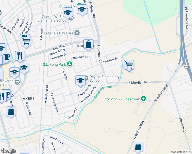 map of restaurants, bars, coffee shops, grocery stores, and more near 2810 Pine Brook Drive in Stockton