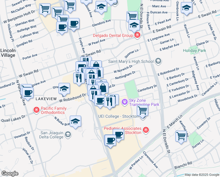 map of restaurants, bars, coffee shops, grocery stores, and more near 320 West Robinhood Drive in Stockton