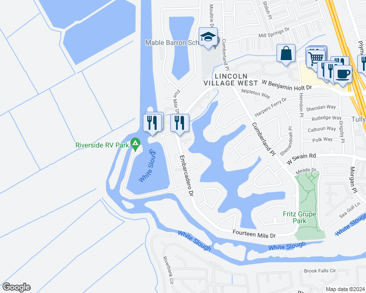 map of restaurants, bars, coffee shops, grocery stores, and more near 6536 Embarcadero Drive in Stockton