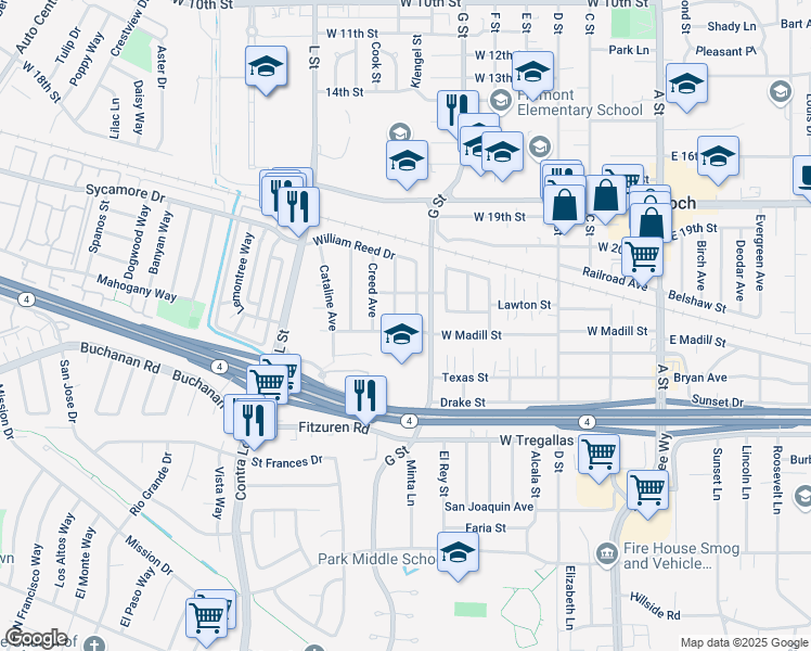 map of restaurants, bars, coffee shops, grocery stores, and more near 102 John Gildi Avenue in Antioch