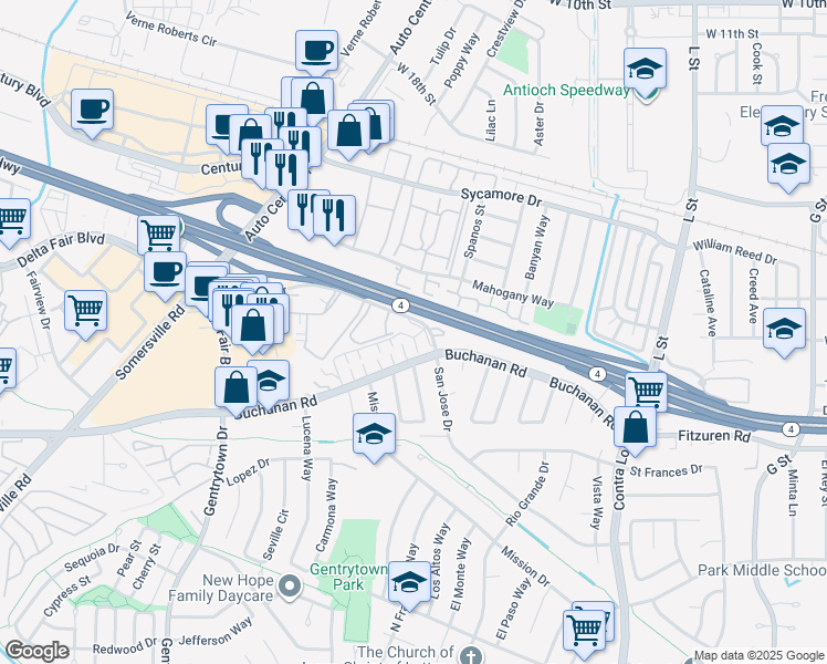 map of restaurants, bars, coffee shops, grocery stores, and more near 1808 San Jose Drive in Antioch