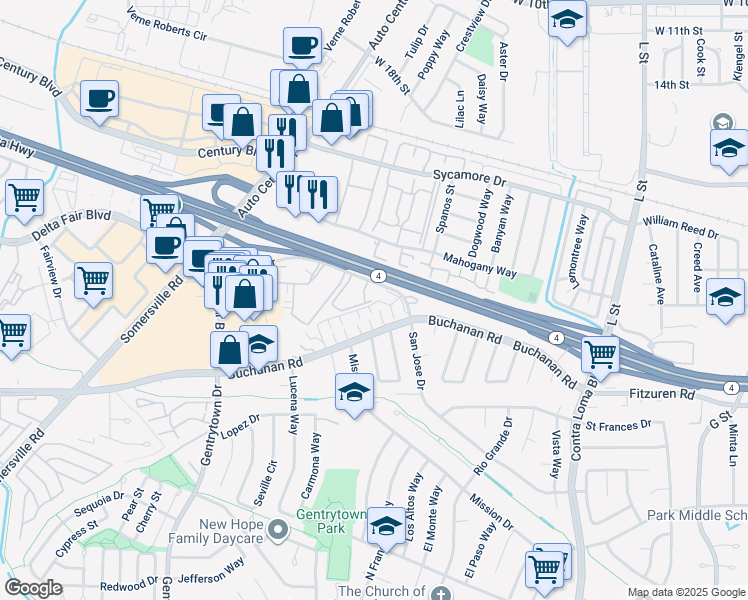 map of restaurants, bars, coffee shops, grocery stores, and more near 2005 San Jose Drive in Antioch