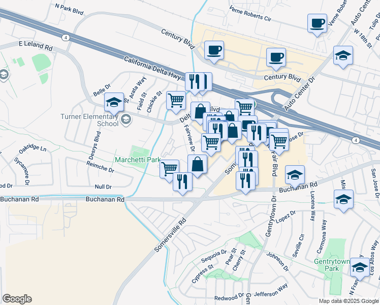 map of restaurants, bars, coffee shops, grocery stores, and more near 3509 Fairview Drive in Antioch