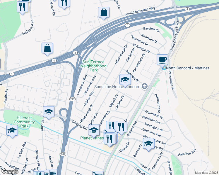map of restaurants, bars, coffee shops, grocery stores, and more near 3586 Sanford Street in Concord