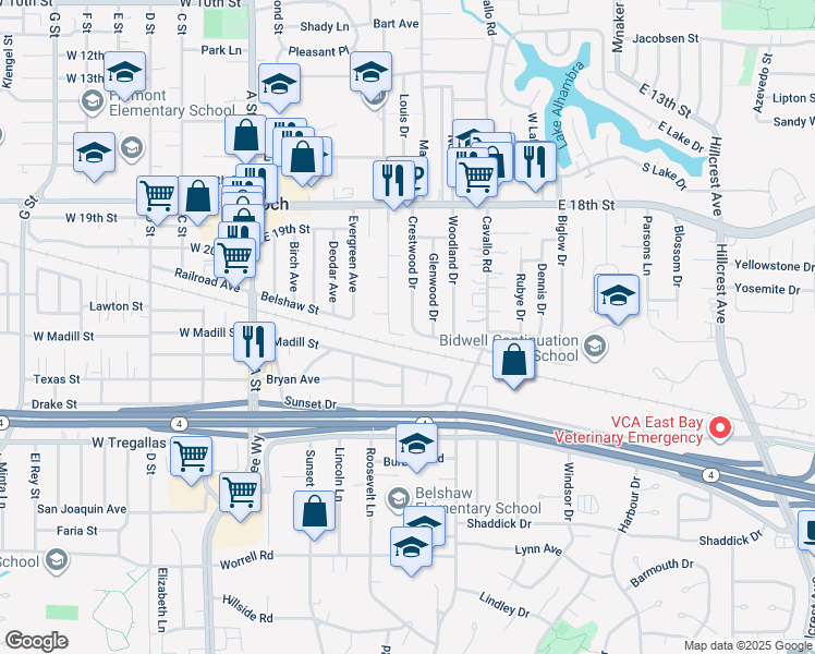 map of restaurants, bars, coffee shops, grocery stores, and more near 2032 Crestwood Drive in Antioch
