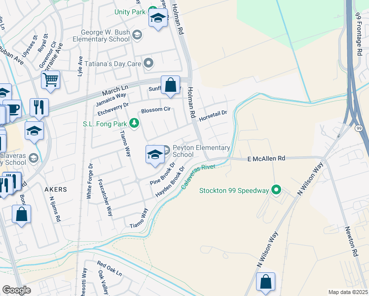 map of restaurants, bars, coffee shops, grocery stores, and more near 2810 Pine Brook Drive in Stockton